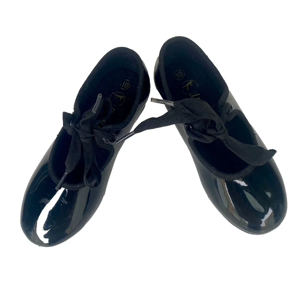 Danskin Freestyle Black Patent Tap Shoes Strap and Bow Tie Close Size 10 Toddler